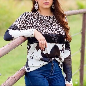 Leopard and Cow Print Sequin Long Sleeve Top NWT